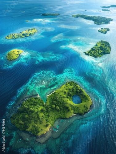 Island shaped like a heart amidst blue waters - Stunning aerial view of green islands forming a heart shape surrounded by the vibrant blue sea