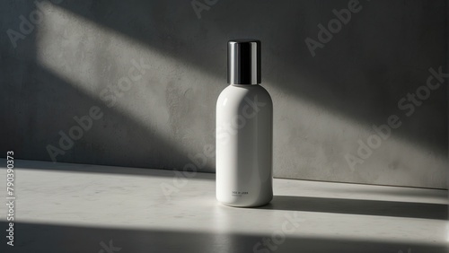 Sleek White Cosmetic Bottle on a Gray Wall