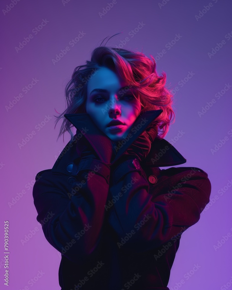 Stylish Woman in Neon Light. Generative AI.