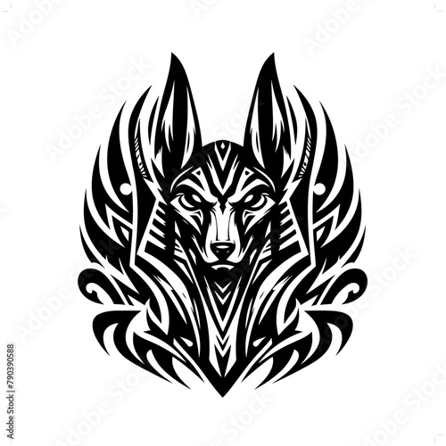 Anubis in modern tribal tattoo, abstract line art of deity, minimalist contour. Vector