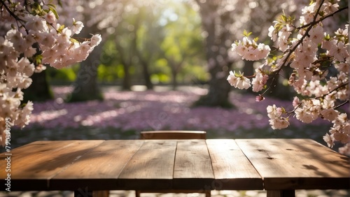 Wooden pathway with cherry blossoms in soft focus background
