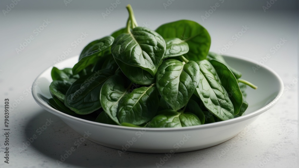 Fresh spinach leaves on white plate Fresh spinach leaves on white plate