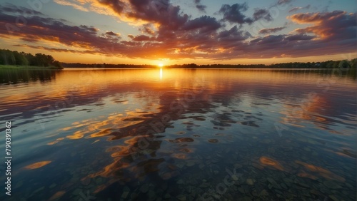 Radiant Sunset Reflections on Calm Lake