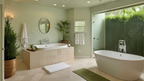 Master bathroom embodying tranquility muted pastel wall hues ambient lighting illuminating opulence 