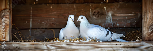 Elegant Picture of White Pigeons Engaged in Successful Breeding in a Rustic Dovecote
