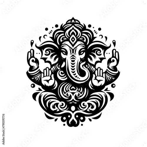 ganesha; deity mythology in modern tribal tattoo, abstract line art of deity, minimalist contour. Vector
