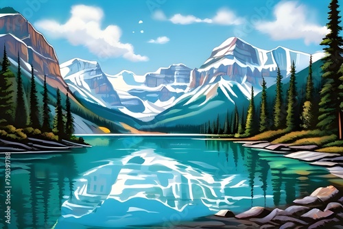 A painting of snow-capped mountains surrounding a lake.