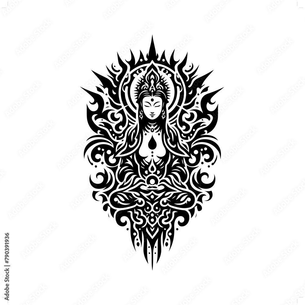 guan yin; deity mythology in modern tribal tattoo, abstract line art of deity, minimalist contour. Vector