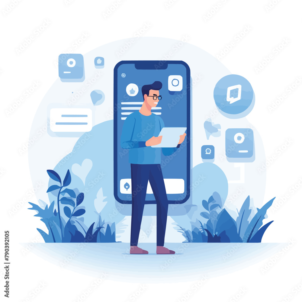 Man working on a tablet, vector illustration Man working on a tablet, vector illustration