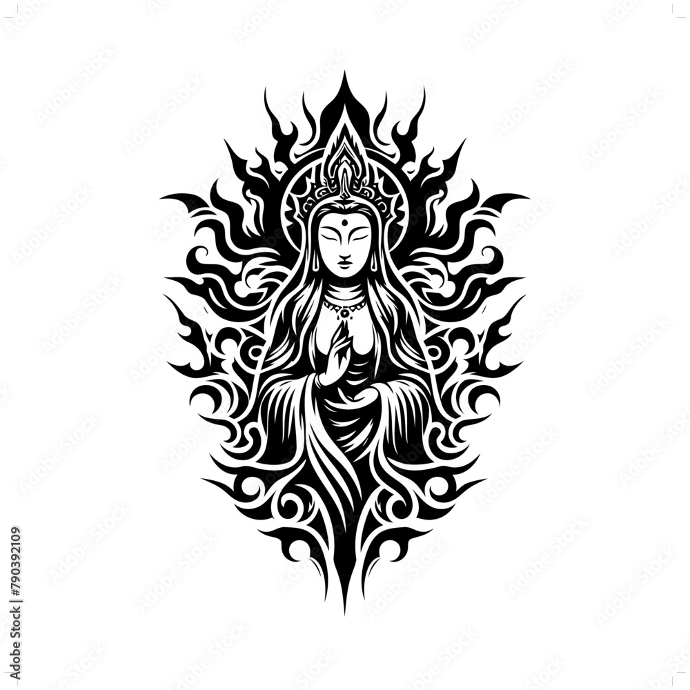 guan yin; deity mythology in modern tribal tattoo, abstract line art of deity, minimalist contour. Vector