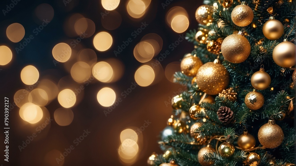 Close up of Christmas tree with golden baubles and warm bokeh lights Close up of Christmas tree with golden baubles and warm bokeh lights