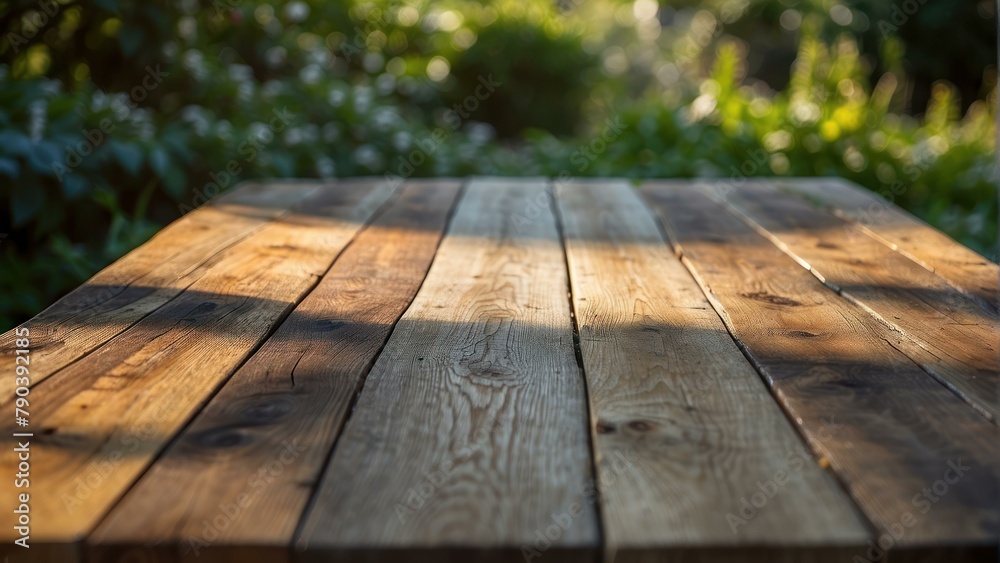 Sunlit wooden table with a blurred garden background Sunlit wooden table with a blurred garden background
