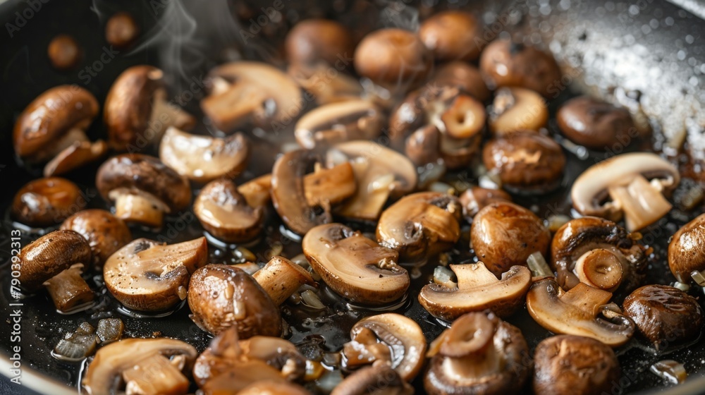 Mushrooms cooking in oil on stove Mushrooms cooking in oil on stove