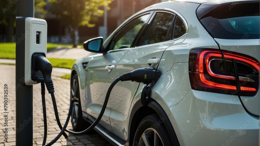 White electric vehicle plugged in at charging station White electric vehicle plugged in at charging station