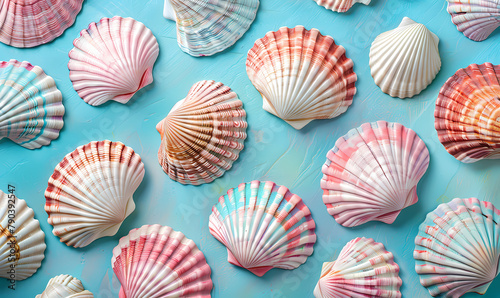 shells background,seashells on the beach, A harmonious assortment of seashells in pastel colors ranging from pink to blue on a soft-toned backdrop