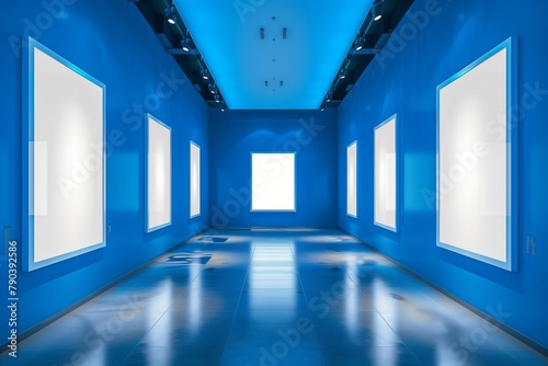 Sophisticated Azure-Blue Art Gallery Interior with Pristine White Mock-Up Posters Under Perfectly Balanced LED Lighting