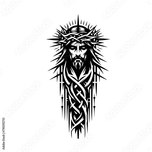 jesus in modern tribal tattoo, abstract line art of people, minimalist contour. Vector