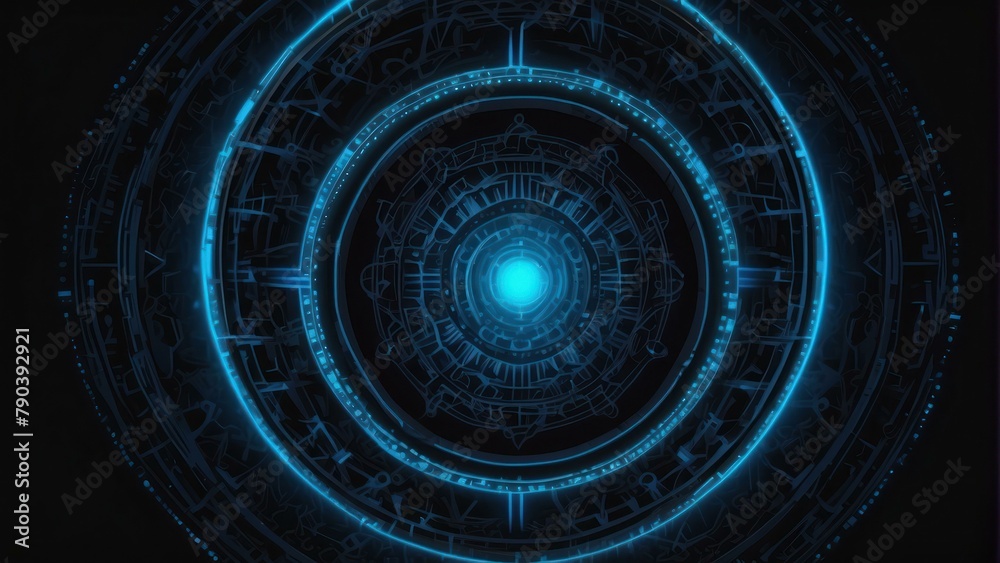 Futuristic blue neon circle on a dark geometric background Futuristic blue neon circle on a dark geometric background