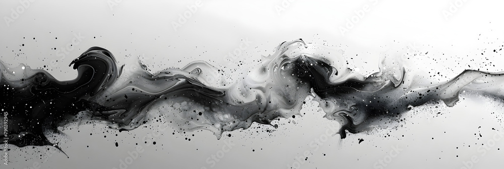 Black and white swirled watercolor paint stain on transparent background.
