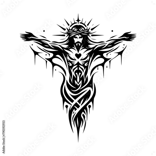 jesus in modern tribal tattoo, abstract line art of people, minimalist contour. Vector