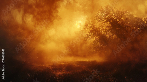 Mysterious wisps of sepia smoke drifting across an orange twilight sky  enveloping the landscape in a shroud of enigmatic beauty and ethereal charm. 