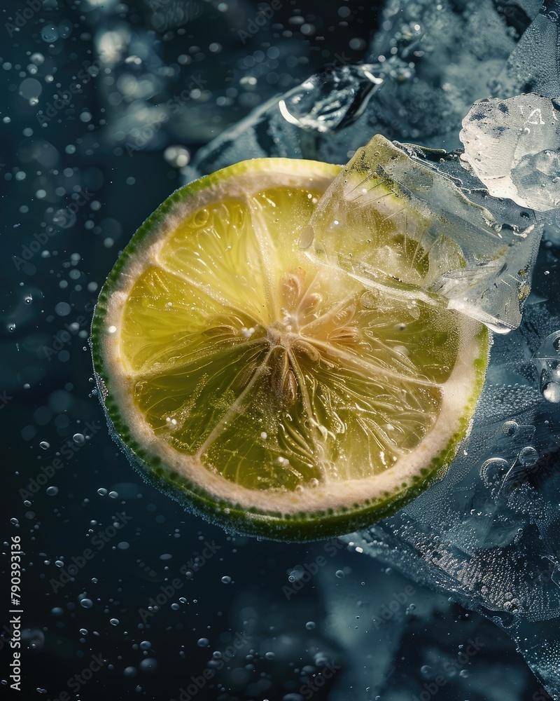 Refreshing Lemon Frozen in Ice: Close-Up Citrus Chill Refreshing Lemon Frozen in Ice: Close-Up Citrus Chill