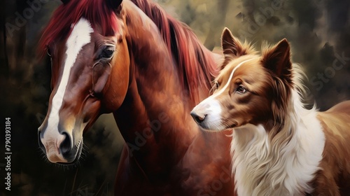 A brown and white border collie dog posing with an elegant chestnut horse in the woods  showcasing their unique bond