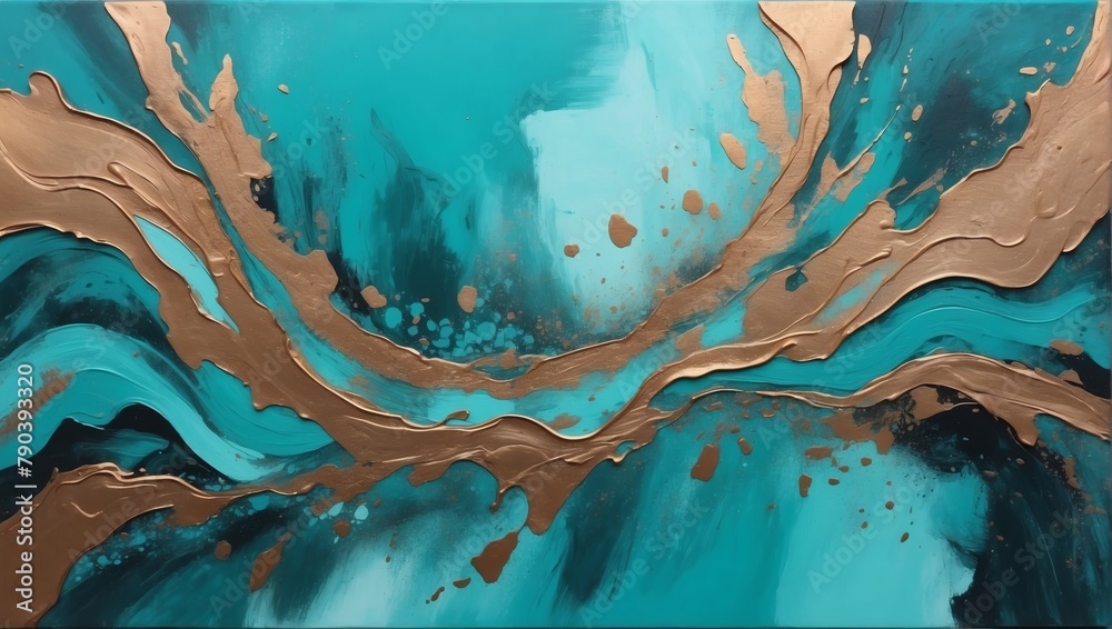 Luxury acrylic painting made with brush stroke, abstract hand-drawn art, textured background with turquoise and bronze accent. - obrazy, fototapety, plakaty 