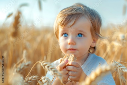 Happy little boy sitting in a wheat field, eating bread and smiling photo