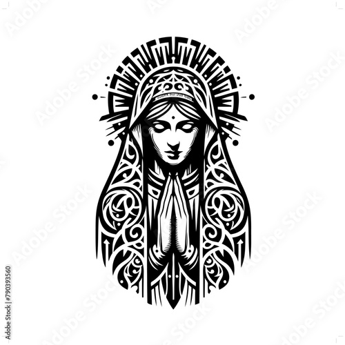 virgin mary in modern tribal tattoo, abstract line art of people, minimalist contour. Vector