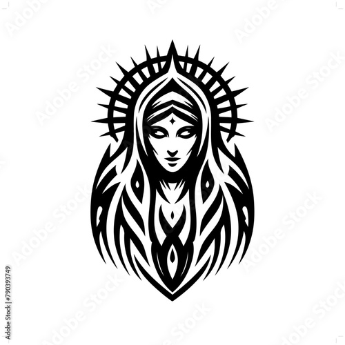virgin mary in modern tribal tattoo, abstract line art of people, minimalist contour. Vector