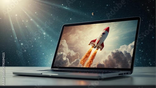 Laptop screen displaying a rocket launch amidst clouds and stars