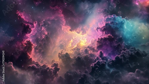 A captivating and awe-inspiring scene of a sky filled with vibrant colors, fluffy clouds, and sparkling stars, Space scene featuring a celestial cloud in vibrant hues photo