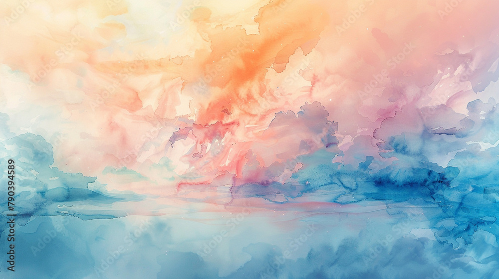 Soft pastel hues melting together in a dreamy watercolor wash, evoking a sense of peace and serenity. 