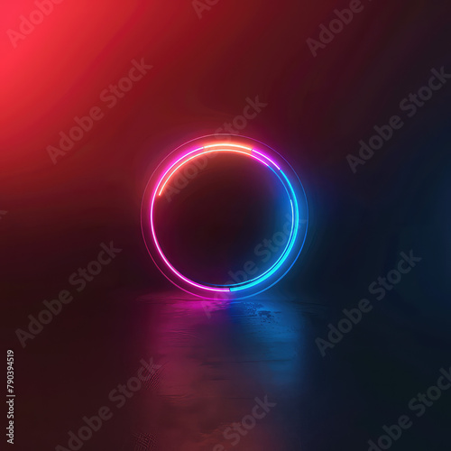 Neon circle with a gradient on a reflective surface