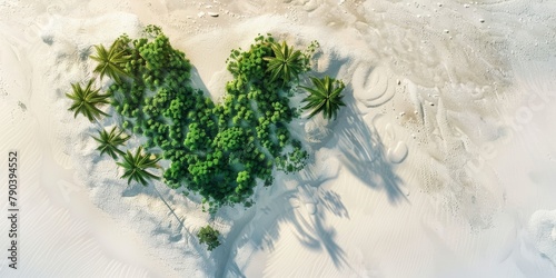 Aerial View of Heart-Shaped Oasis in the Desert, by Satellite or Drone, White Sand and Green Palms 
