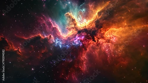 A vibrant and dynamic scene of a space filled with stars and clouds, creating a mesmerizing celestial display, Spacescape featuring a dynamic, color-rich nebula photo