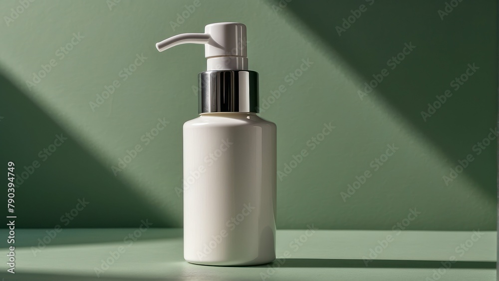 Minimalistic white dispenser with pump on a green background
