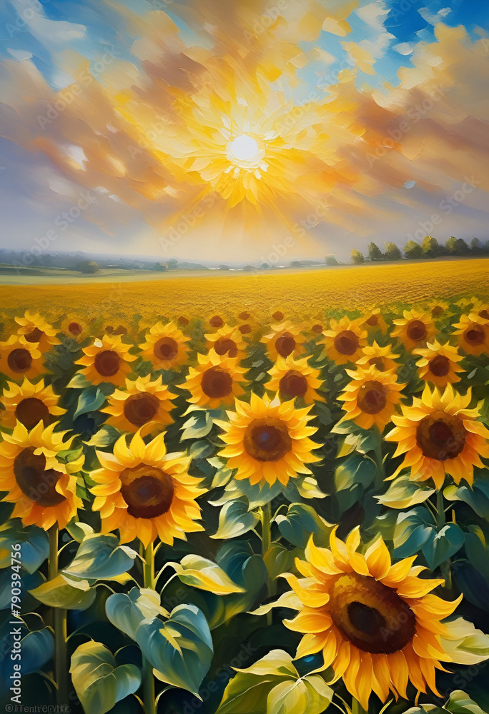 Oil painting field of sunflowers