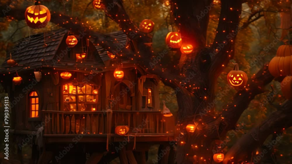 A tree house featuring vibrant pumpkins and sparkling lights amidst its decoration, Spooky treehouse with jack-o-lanterns hanging from the branches A tree house featuring vibrant pumpkins and sparkling lights amidst its decoration, Spooky treehouse with jack-o-lanterns hanging from the branches