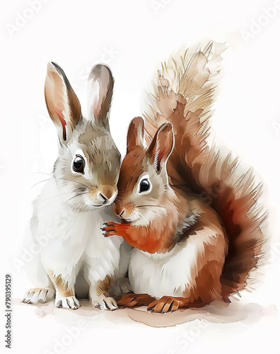baby bunny sitting next to a cute squirrel character watercolor style white background