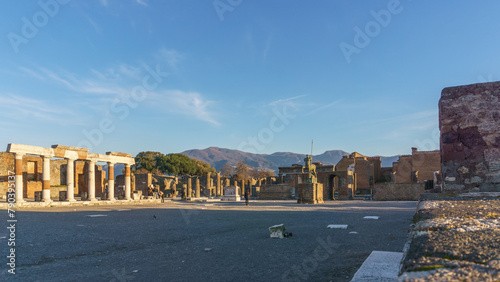 View at the ruins of the Forum during golden hour at sunset, Pompeii, Campania, Italy