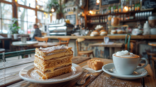 Moment of enjoyment: delicious piece of cake in a stylish café photo