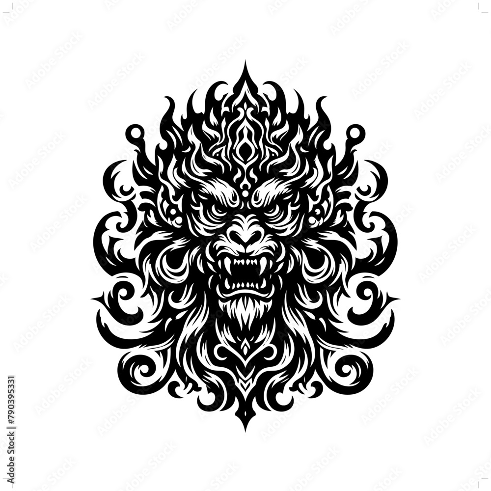 monkey king; wukong in modern tribal tattoo, abstract line art of deity, minimalist contour. Vector