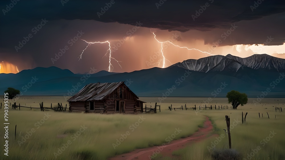 The crumbling wooden barn in a field rural under lightning storm