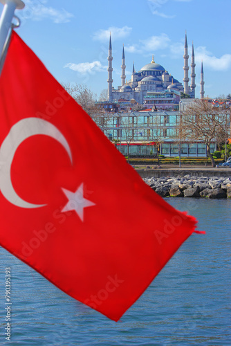 Symbolic image of Turkey, Istanbul, Islam, the national flag and the Blue Mosque