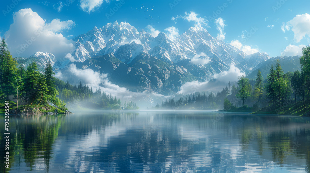 A quiet lake surrounded by majestic mountains and forests.