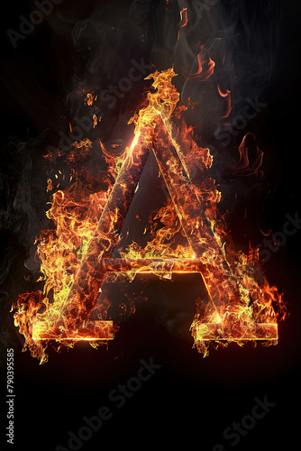 Fire font alphabet A made of burning fire letter on black background