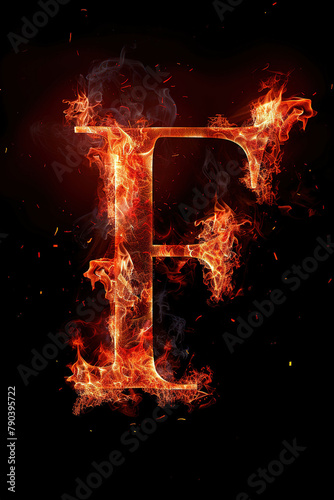 Fire font alphabet F made of burning fire letter on black background