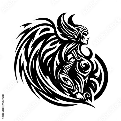 valkyre nordic deity mythology in modern tribal tattoo, abstract line art of deity, minimalist contour. Vector